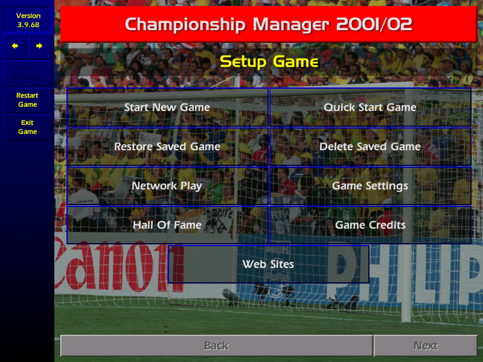 The Setup Game screen: Start New Game, Quick Start Game, Restore Saved Game and the other options.