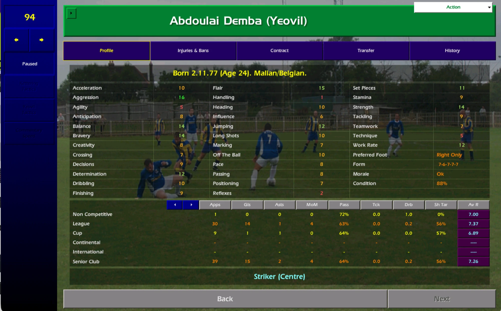 A player profile during a match: Abdoulai Demba of Yeovil, with each attribute number coloured from red to green by value.